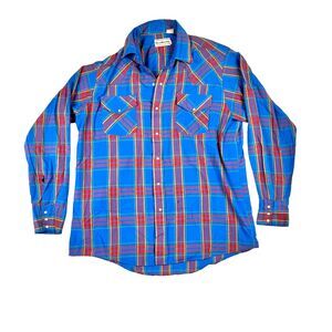 Vintage Western Button Shirt Cowboy Fresh Prince Road Runner USA Made Large Blue